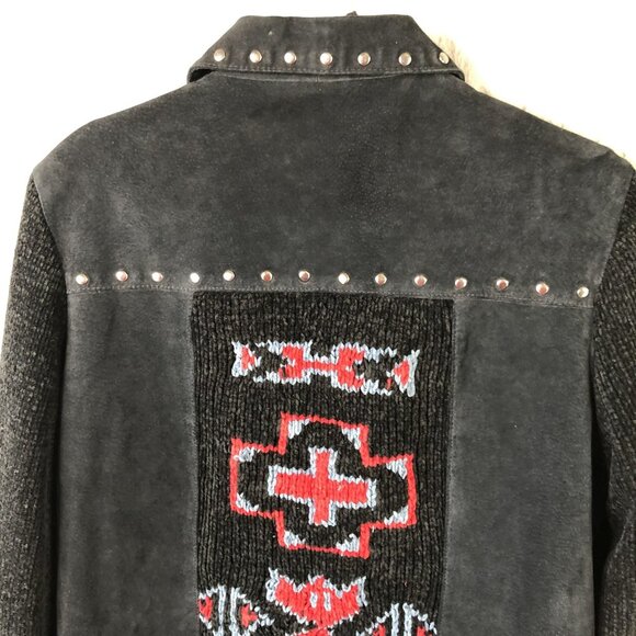 Montanaco Jacket Womens M Black Leather Knit Sleeves Studded Southwestern Boho - Picture 10 of 16